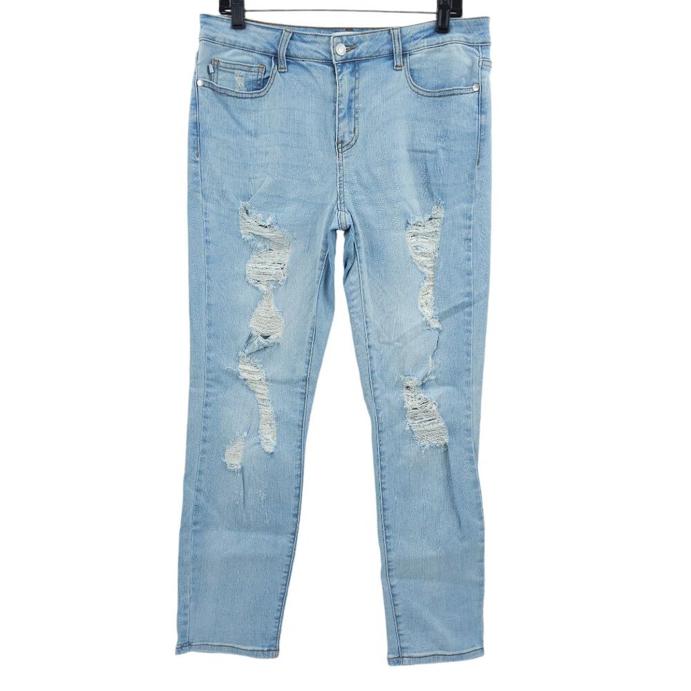 Judy Blue Jeans Boyfriend Fit Size 11/30 Distressed Stretchy Mid Rise Light Wash